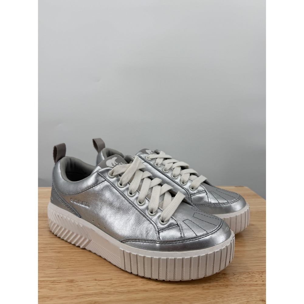 Sorel Womens ONA Ave Low Waterproof Leather Platform Sneaker Silver Sea Salt Sz8